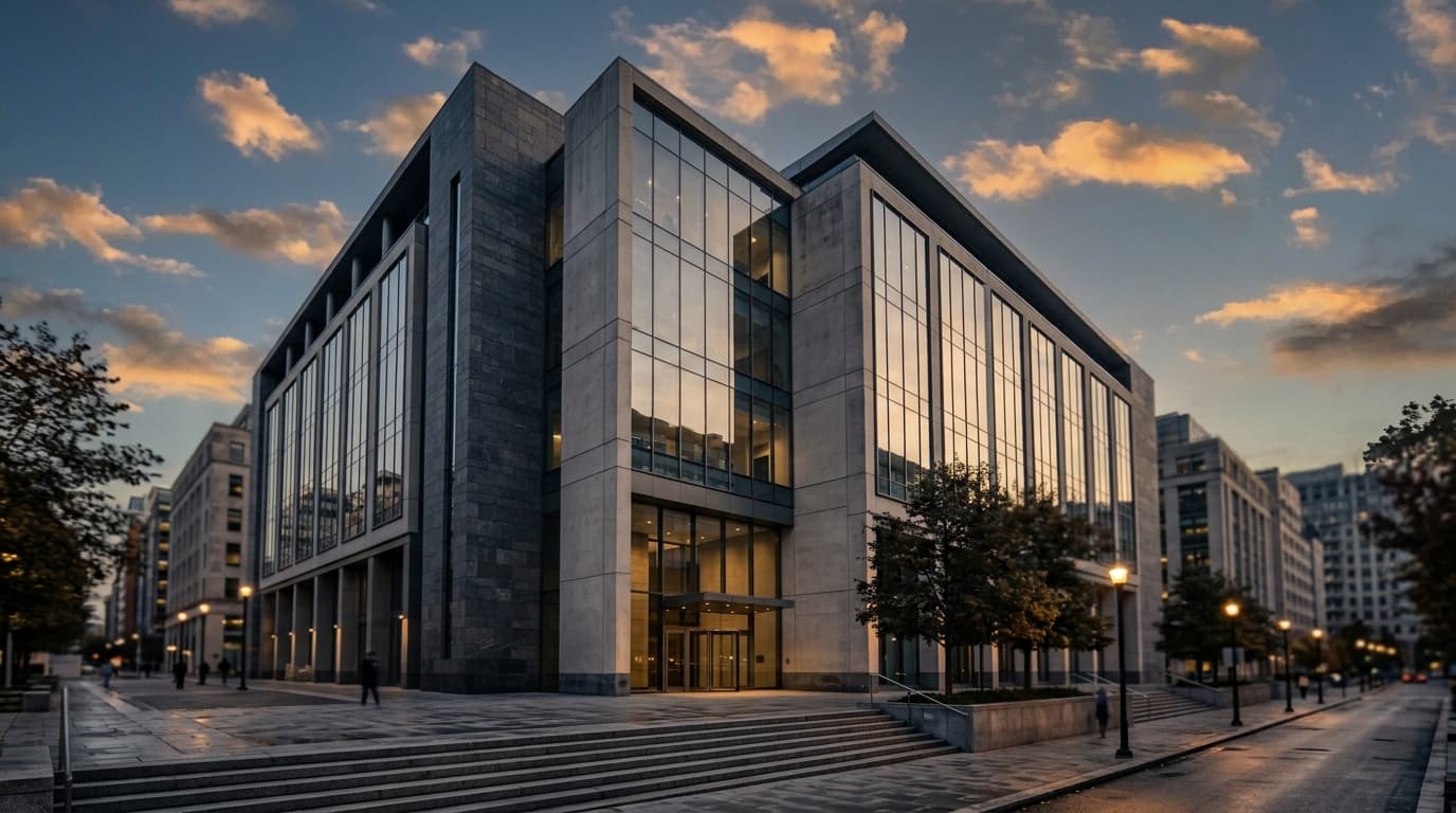 Fachada de sede bancária moderna ao entardecer, ilustrando regulação de bancos fiduciários nacionais